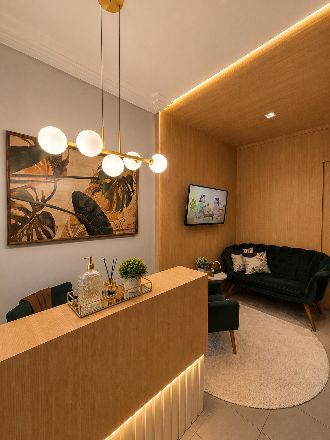 Recepção do consultório com iluminação quente e área de espera acolhedora